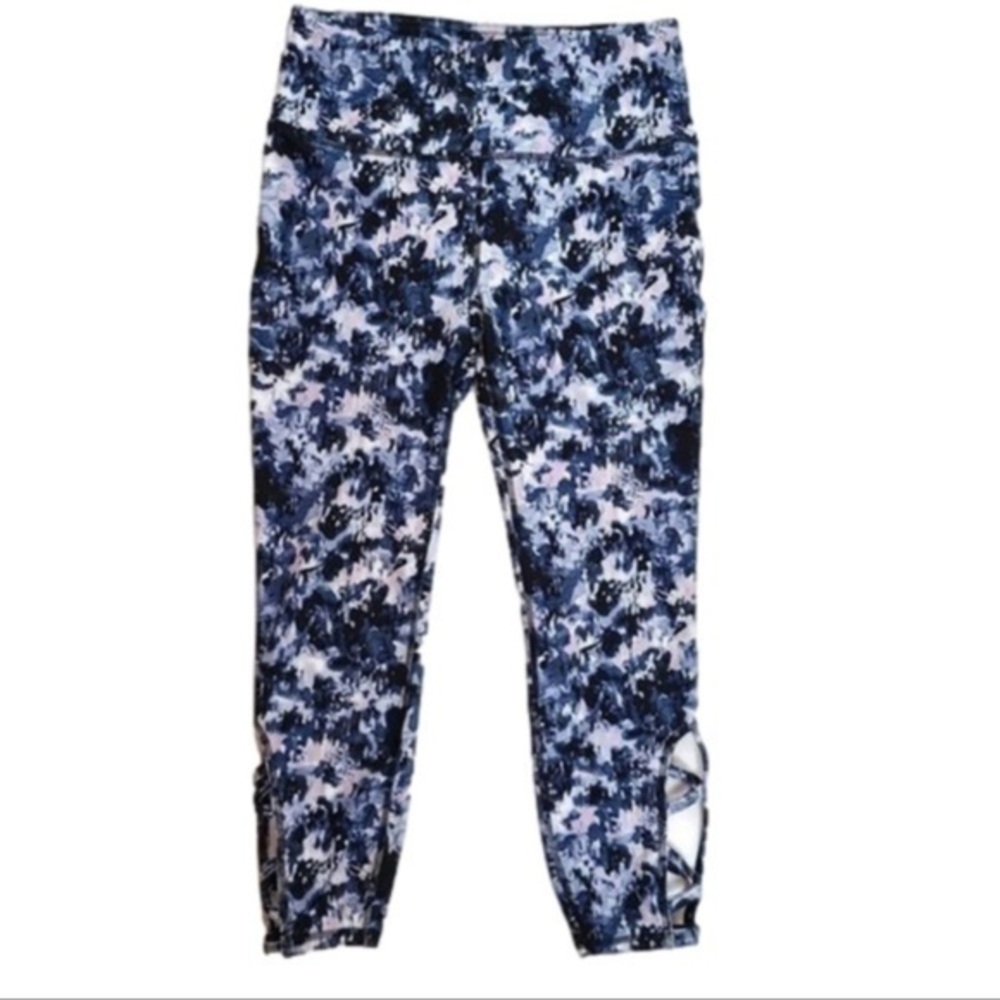 𝅺gaiam XS Blue Black Pink Abstract Print High Rise Lattice Ankle Cutout Leggings